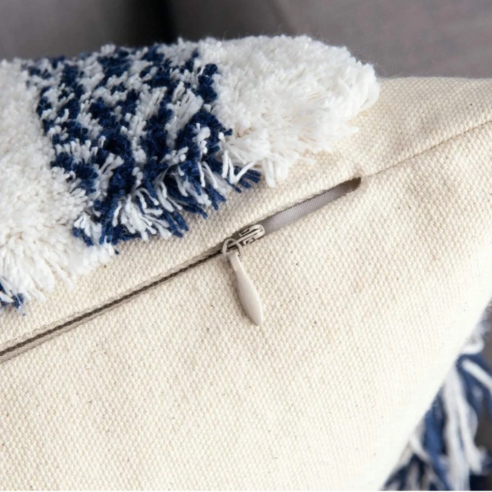 Luxury Home | Boho Chic Blue & White Tufted Woven Tassel Lumbar Pillow Cover